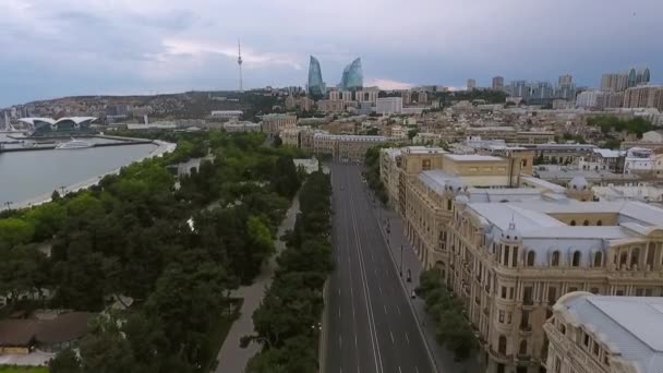 Widok Lotu Ptaka Wybrzeża Baku Licznych Nowoczesnych Wieżowców Baku Stolica Klip Wideo