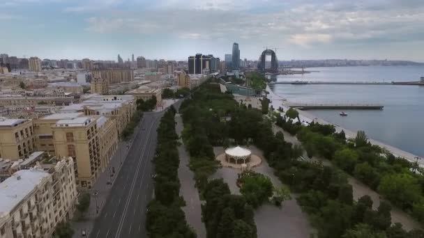 Flygfoto Kusten Baku Med Med Många Moderna Höghus Baku Huvudstad Royaltyfri Stockfilm