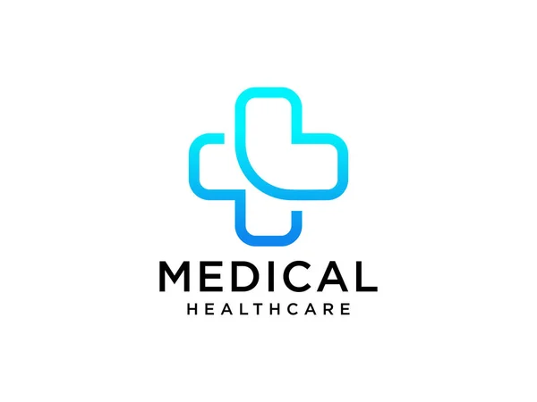 Modern Healthcare Medical Logo Blue Geometric Linear Rounded Cross Sign — Stockvektor