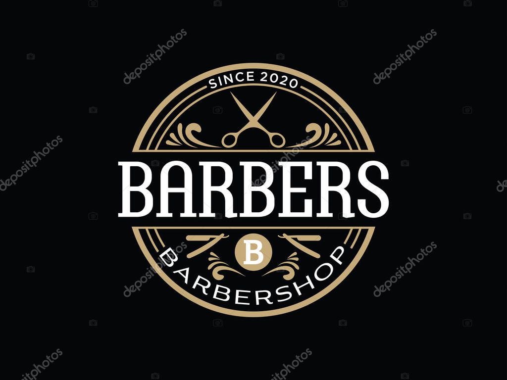 Barbershop simple minimalist logo design with elegant ornament.