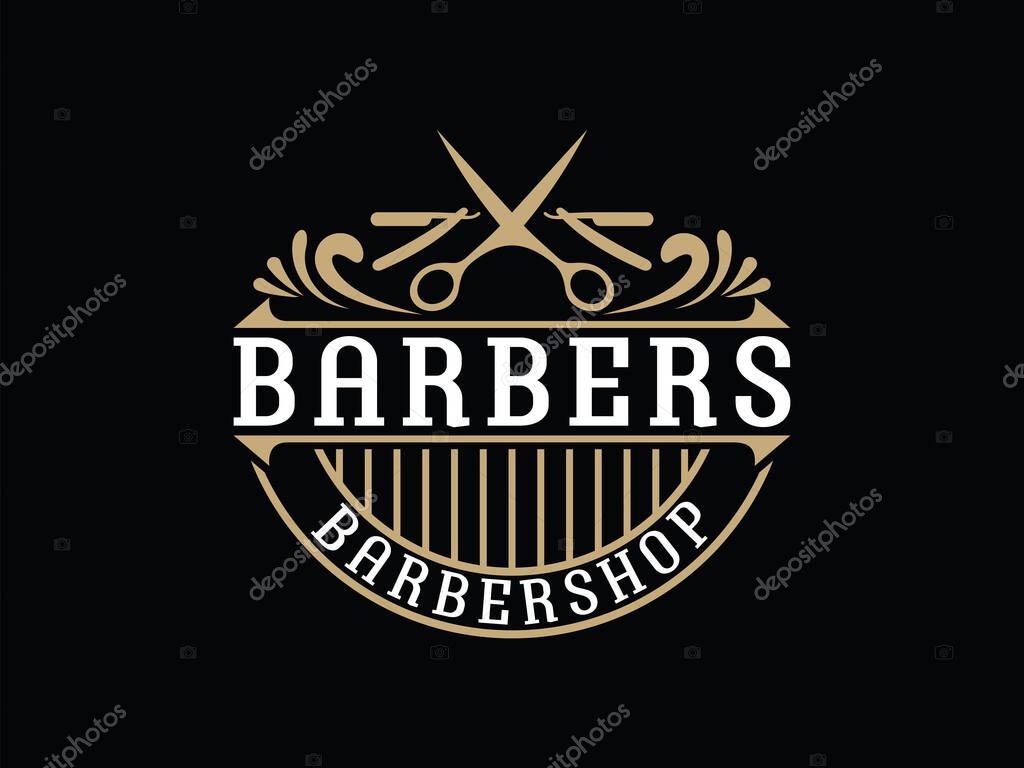 Barbershop simple minimalist logo design with elegant ornament.