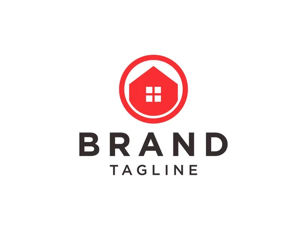Logo Immobiliare Forma Quadrata Rossa Con Simbolo Negativo Della Casa — Vettoriale Stock