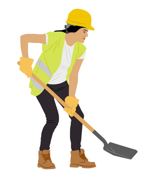 Μια Δυνατή Εργάτρια Κρατάει Ένα Φτυάρι Και Φοράει Κράνος Και — Διανυσματικό Αρχείο