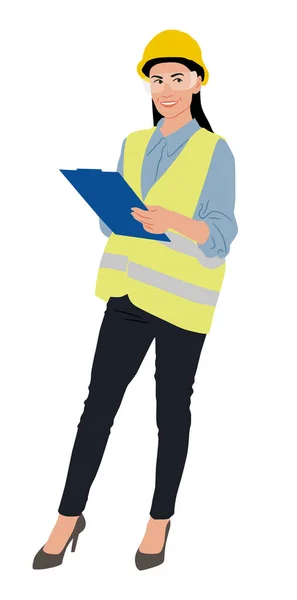 Female Worker Holding Clipboard Wearing Helmet Vest Hand Drawn Vector — Stock Vector