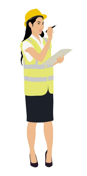 Ασιάτισσα Εργαζόμενη Που Κρατάει Σημειωματάριο Φορώντας Κράνος Και Γιλέκο Χειροποίητη — Διανυσματικό Αρχείο