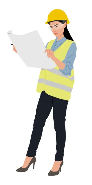 一名女工戴着头盔和背心看蓝图 在白色上孤立的手工绘制的矢量图形 全长视图 — 图库矢量图片