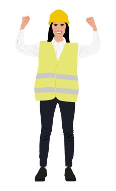 İki elini kaldıran güçlü bir kadın kaslı, kask takan ve yelek giyen birini gösteriyor. Elle çizilmiş vektör çizimi beyaza izole edildi. Tam uzunluk görünümü