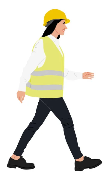 Μια Εργάτρια Περπατάει Φορώντας Κράνος Και Γιλέκο Χειροποίητη Διανυσματική Απεικόνιση — Διανυσματικό Αρχείο