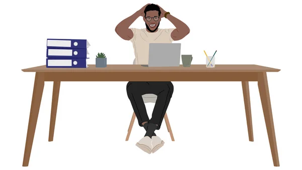stock vector Hand-drawn shocked black man sitting at the desk with laptop, grabbing head, making mistake in the project, missing deadline. Vector illustration isolated on white. Full length view