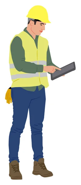 Trabajador Construcción Usando Tableta Con Casco Chaleco Ilustración Vectorial Dibujada — Vector de stock