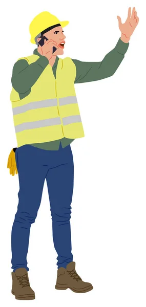 Construction Worker Speaking Mobile Phone Wearing Helmet Vest Hand Drawn — Stock Vector