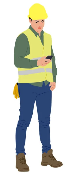 Строитель Использует Мобильный Телефон Шлеме Жилете Ручная Рисованная Векторная Иллюстрация — стоковый вектор