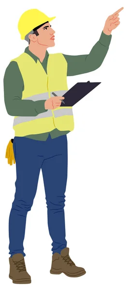 Trabajador Construcción Sosteniendo Portapapeles Con Casco Chaleco Ilustración Vectorial Dibujada — Vector de stock