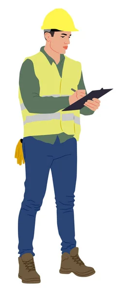 Construction Worker Holding Clipboard Wearing Helmet Vest Hand Drawn Vector — Stock Vector
