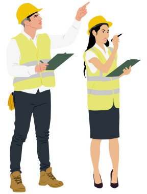 Kadın ve erkek işçiler pano tutuyor ve kask ve yelek giyiyorlar. Elle çizilmiş vektör çizimi beyaza izole edildi. Tam uzunluk görünümü