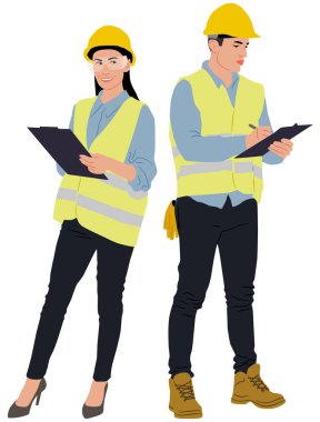 Kadın ve erkek işçiler pano tutuyor ve kask ve yelek giyiyorlar. Elle çizilmiş vektör çizimi beyaza izole edildi. Tam uzunluk görünümü