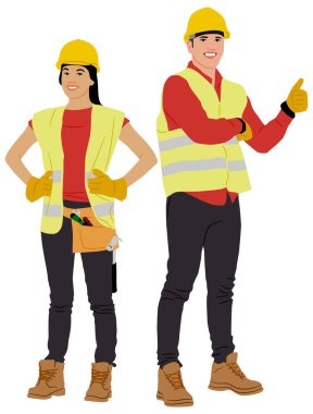 Kask, yelek ve alet kemeri takan kadın işçi. Erkek inşaat işçisi, başparmağını kask ve yelek giyerek gösteriyor. Elle çizilmiş vektör çizimi beyaza izole edildi. Tam uzunluk görünümü