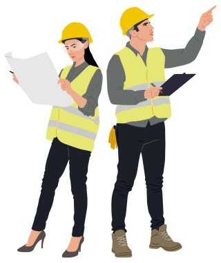 Kadın işçi bir kask ve yelek takıyor ve bir plana bakıyor. Miğfer takan erkek inşaat işçisi. Elle çizilmiş vektör çizimi beyaza izole edildi. Tam uzunluk görünümü