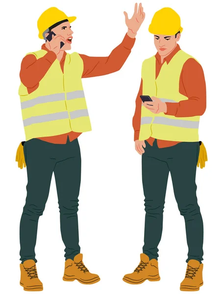 Trabalhador Construção Civil Falando Telefone Móvel Usando Capacete Colete Ilustração — Vetor de Stock