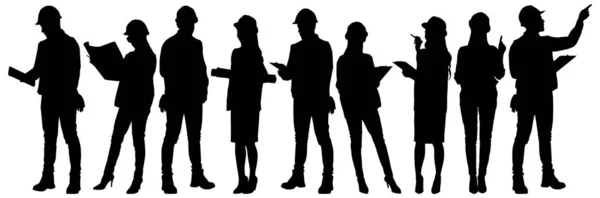 一组戴头盔和背心的男工和女工的轮廓 在白色上孤立的向量平面样式插图 全长视图 — 图库矢量图片