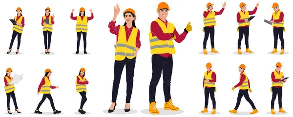 Conjunto Dibujado Mano Trabajadores Masculinos Femeninos Con Cascos Chalecos Ilustración — Vector de stock