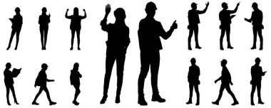 Kask takan erkek ve kadın işçilerden oluşan siluetler. Beyaz üzerine izole edilmiş vektör düz biçim illüstrasyonu