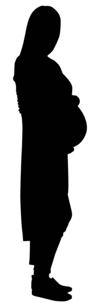 お腹に手を置いて立っている妊婦のシルエット 白で区切られたベクトルフラットスタイルのイラスト 全長ビュー — ストックベクタ