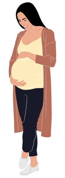 Handgezeichnete Schwangere Steht Mit Den Händen Auf Dem Bauch Vektor — Stockvektor