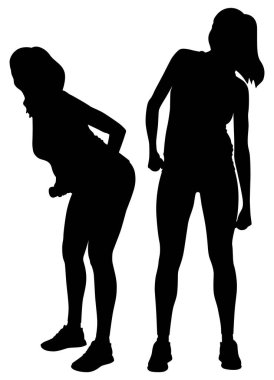 Siluet, spor yapan hamile bir kadının tayt ve bluz giymesi. Beyaz üzerine izole edilmiş vektör düz stil çizimi. Tam uzunluk görünümü