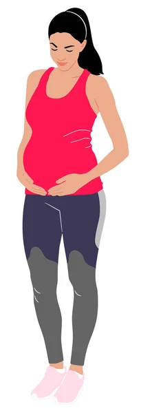 Беременная Женщина Стоящая Леггинсах Топе Руками Животе Векторный Плоский Стиль — стоковый вектор