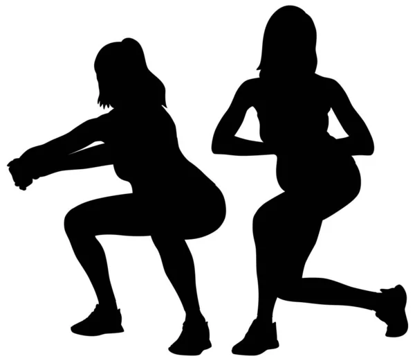 Silhouet Set Van Een Zwangere Vrouw Die Oefeningen Doet Met — Stockvector