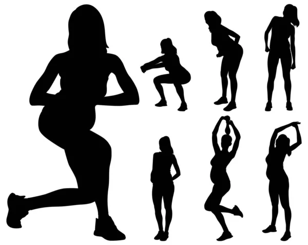 Silhouet Set Van Een Zwangere Vrouw Die Oefeningen Doet Met — Stockvector