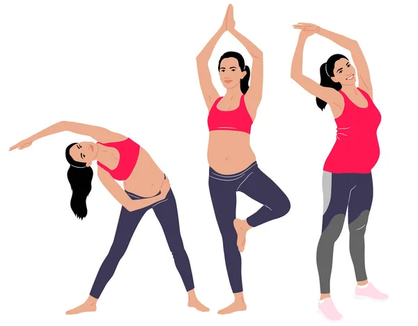 Ручной Рисунок Беременной Женщины Делающей Упражнения Леггинсах Топе Векторный Плоский — стоковый вектор