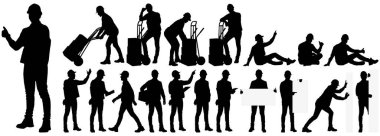 Kask ve yelek giyen bir grup işçi silueti. Beyaz üzerine izole edilmiş vektör düz stil çizimi. Tam uzunluk görünümü