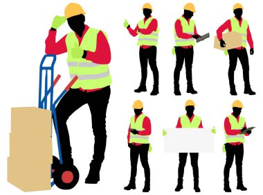 Kask ve yelek giyen bir grup işçi silueti. Beyaz üzerine izole edilmiş vektör düz stil çizimi. Tam uzunluk görünümü