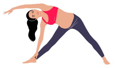 Elle çizilmiş hamile kadın spor yapıyor, tayt giyiyor ve üstünü giyiyor. Beyaz üzerine izole edilmiş vektör düz stil çizimi. Tam uzunluk görünümü