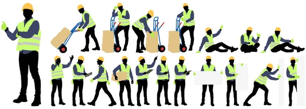 Σιλουέτες Σύνολο Των Εργαζομένων Φορώντας Κράνος Και Γιλέκο Διάνυσμα Επίπεδη — Διανυσματικό Αρχείο
