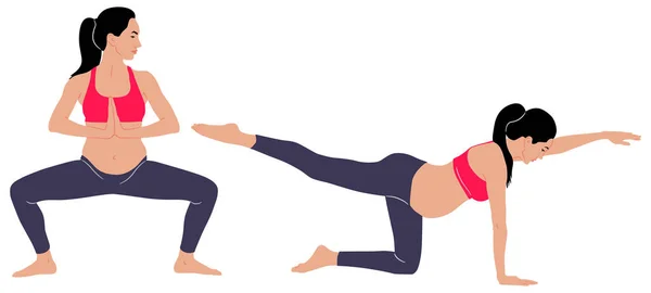 Ручной Рисунок Беременной Женщины Делающей Упражнения Леггинсах Топе Векторный Плоский — стоковый вектор