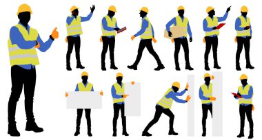 Siluetler, miğferli işçiler. Bir işçi bir kutu tutuyor. Kargo vagonunda çalışan bir işçi. Elinde tabela tutan bir işçi. Beyaz üzerine izole edilmiş vektör düz biçim illüstrasyonu