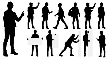 Kask ve yelek giyen bir grup işçi silueti. Beyaz üzerine izole edilmiş vektör düz stil çizimi. Tam uzunluk görünümü