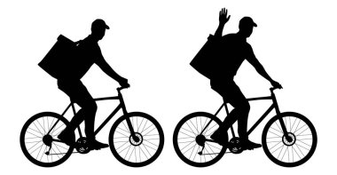 Bisiklete binen teslimatçı adamın siluetleri. Paketi olan bir teslimatçı. Beyaz üzerine izole edilmiş vektör düz stil çizimi. Tam uzunluk görünümü