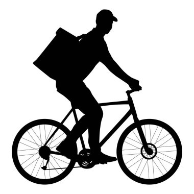Bisiklet süren teslimatçı adamın silueti. Paketi olan bir teslimatçı. Beyaz üzerine izole edilmiş vektör düz stil çizimi. Tam uzunluk görünümü