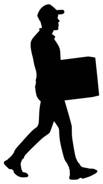 Paketle çalışan bir işçinin silueti. Teslimatçı çocuk elinde farklı pozlarda bir karton kutu tutuyor. Beyaz üzerine izole edilmiş vektör düz stil çizimi. Tam uzunluk görünümü