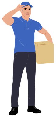 Paketle birlikte el çizimi bir işçi. Teslimatçı adam elinde farklı pozlarda bir karton kutu işçisi tutuyor. Beyaz üzerine izole edilmiş vektör düz stil çizimi. Tam uzunluk görünümü