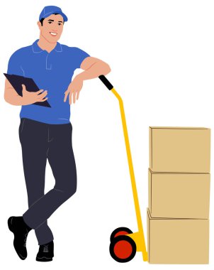 Paketle birlikte el çizimi bir işçi. Teslimatçı adam elinde farklı pozlarda bir karton kutu işçisi tutuyor. Beyaz üzerine izole edilmiş vektör düz stil çizimi. Tam uzunluk görünümü