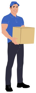 Paketle birlikte el çizimi bir işçi. Teslimatçı adam elinde farklı pozlarda bir karton kutu işçisi tutuyor. Beyaz üzerine izole edilmiş vektör düz stil çizimi. Tam uzunluk görünümü