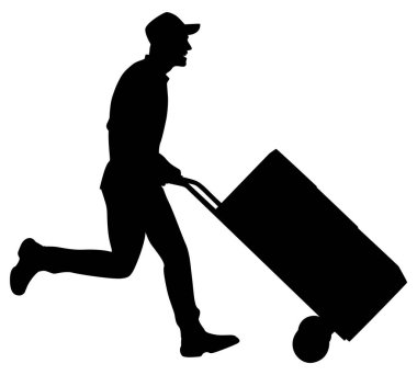 Paketle çalışan bir işçinin silueti. Teslimatçı çocuk elinde farklı pozlarda bir karton kutu tutuyor. Beyaz üzerine izole edilmiş vektör düz stil çizimi. Tam uzunluk görünümü