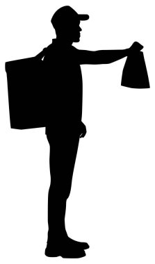 Silhouette of delivery guy with a backpack. Delivery man with a package. Vector flat style illustration isolated on white. Full-length view