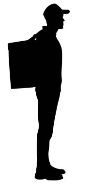 Silhouette of delivery guy with a backpack. Delivery man with a package. Vector flat style illustration isolated on white. Full-length view