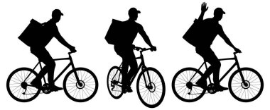 Bisiklete binen teslimatçı adamın siluetleri. Paketi olan bir teslimatçı. Beyaz üzerine izole edilmiş vektör düz stil çizimi. Tam uzunluk görünümü